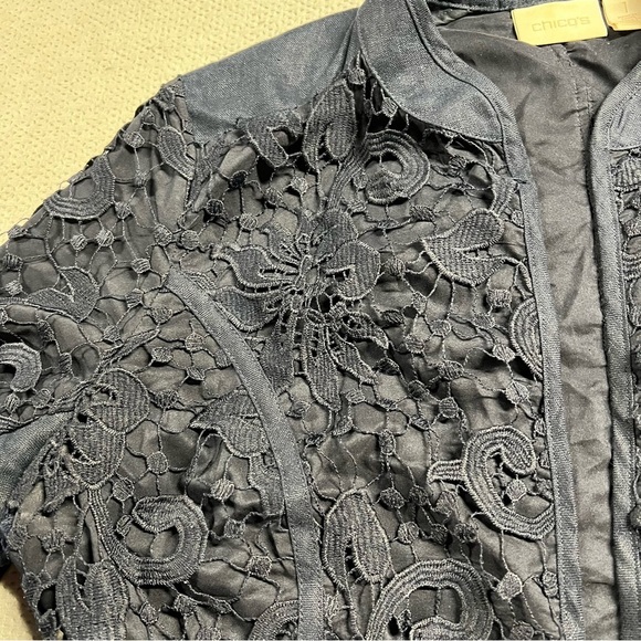 Chico’s Navy Blue Lace Open Front Lightweight 100% Linen Jacket Blazer Small EUC - Picture 2 of 6